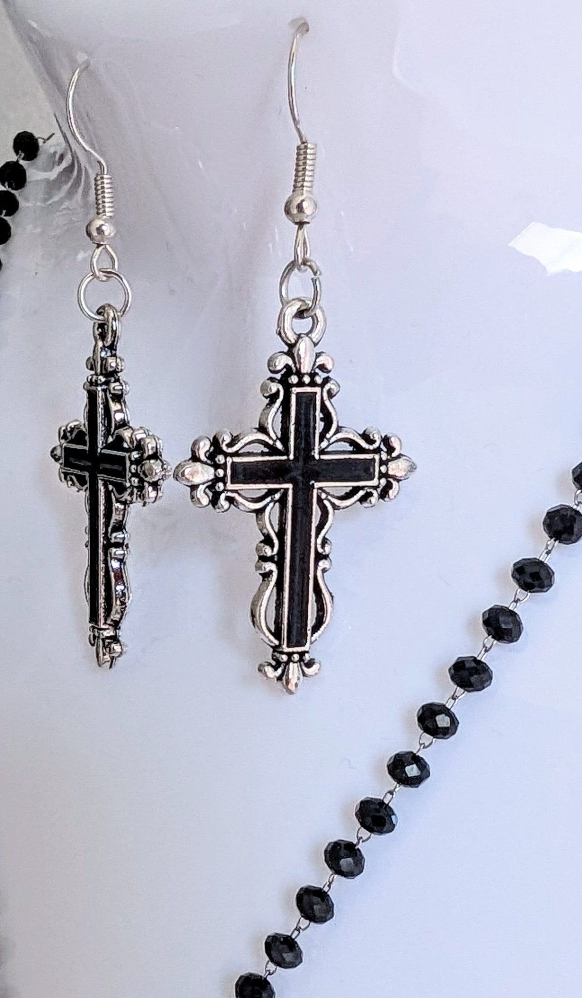Handmade Black Austrian Crystal Ornate Cross Pendant Necklace and Drop Earrings Boxed Gothic Gift Set - Oh My Gothness