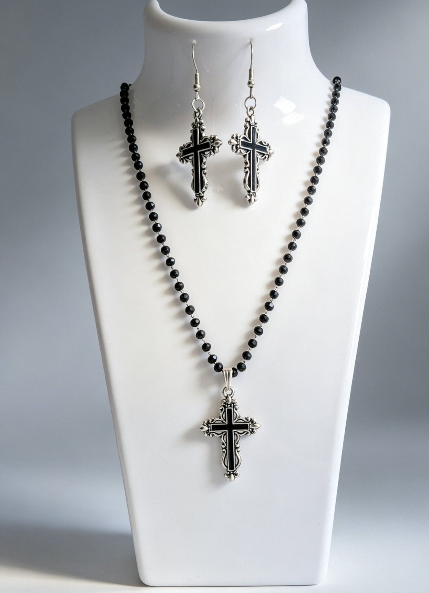 Handmade Black Austrian Crystal Ornate Cross Pendant Necklace and Drop Earrings Boxed Gothic Gift Set - Oh My Gothness