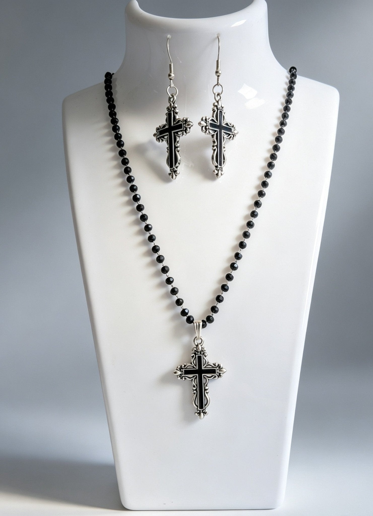 Handmade Black Austrian Crystal Ornate Cross Pendant Necklace and Drop Earrings Boxed Gothic Gift Set - Oh My Gothness