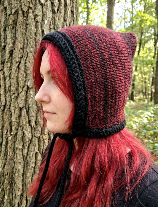 Handmade Black Burgundy Knitted Pixie Bonnet: Adult Woodland Tie Hat - Oh My Gothness