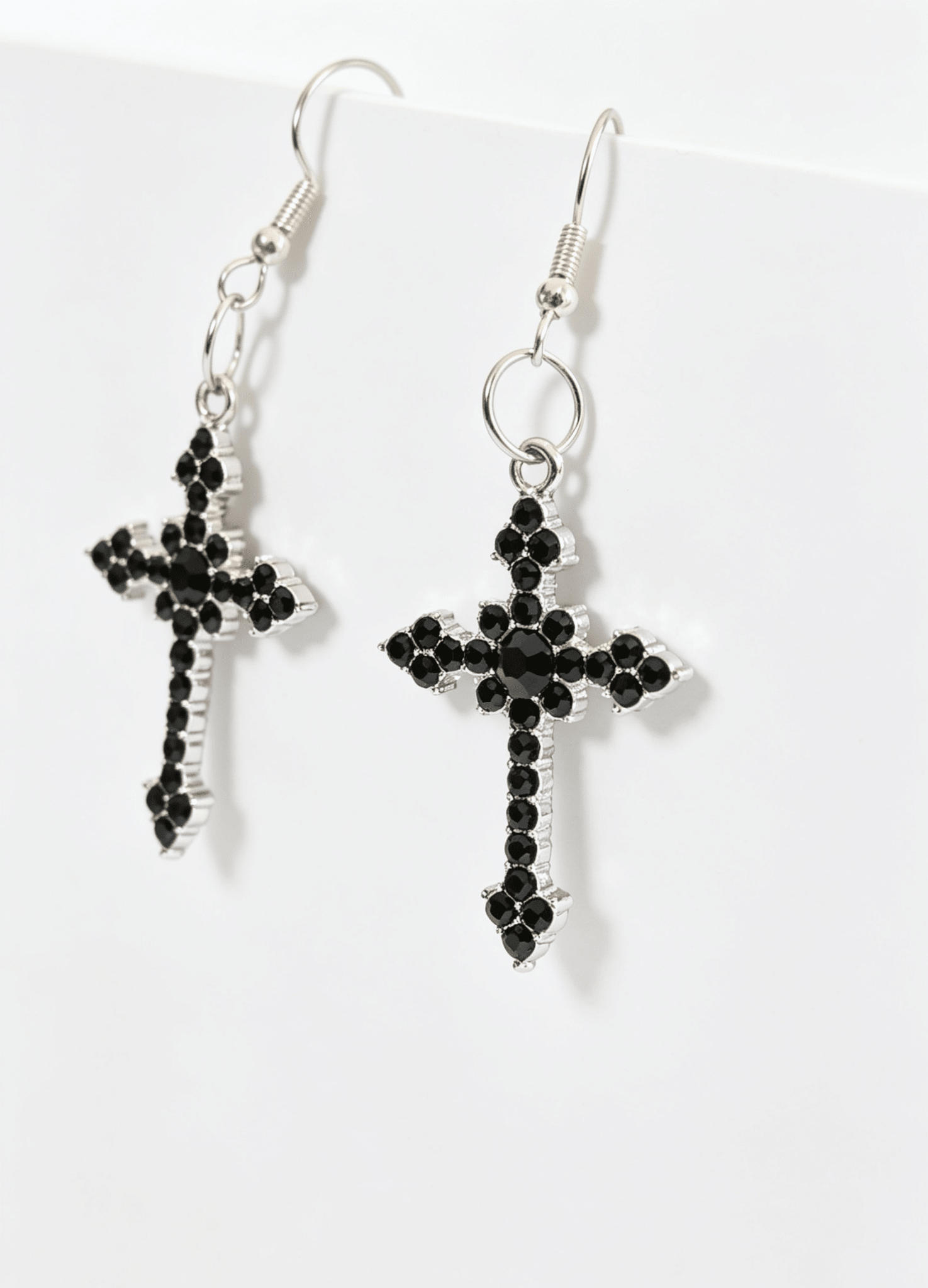 Handmade Black Diamante Cross Crucifix Dangle Drop Earrings. Goth Y2K Gift - Oh My Gothness