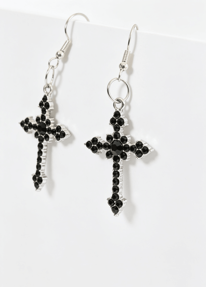 Handmade Black Diamante Cross Crucifix Dangle Drop Earrings. Goth Y2K Gift - Oh My Gothness