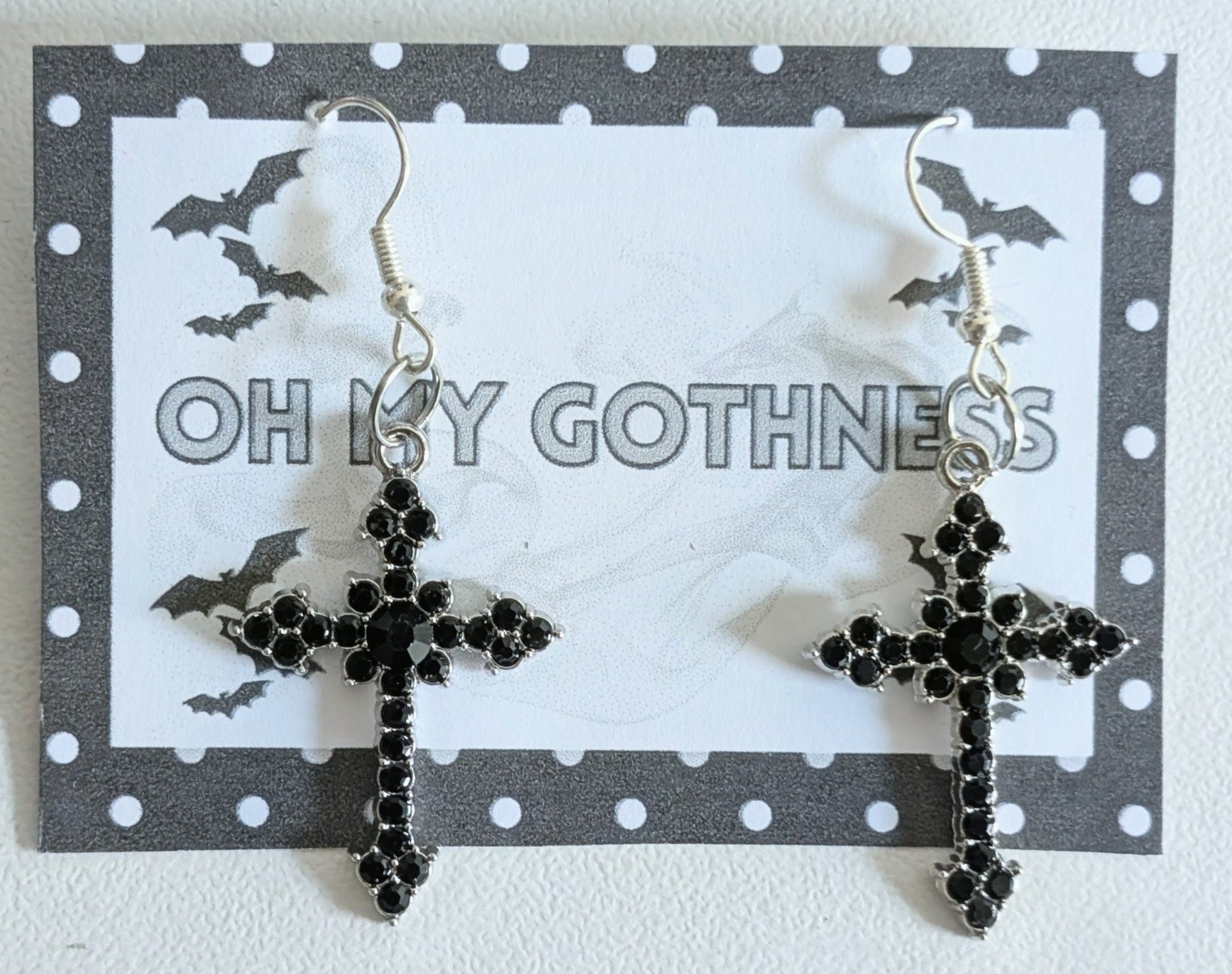 Handmade Black Diamante Cross Crucifix Dangle Drop Earrings. Goth Y2K Gift - Oh My Gothness