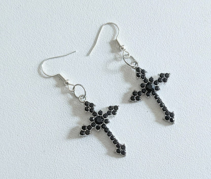 Handmade Black Diamante Cross Crucifix Dangle Drop Earrings. Goth Y2K Gift - Oh My Gothness