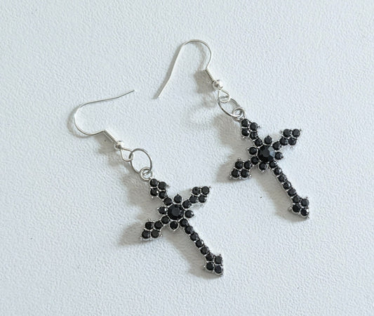 Handmade Black Diamante Cross Crucifix Dangle Drop Earrings. Goth Y2K Gift - Oh My Gothness