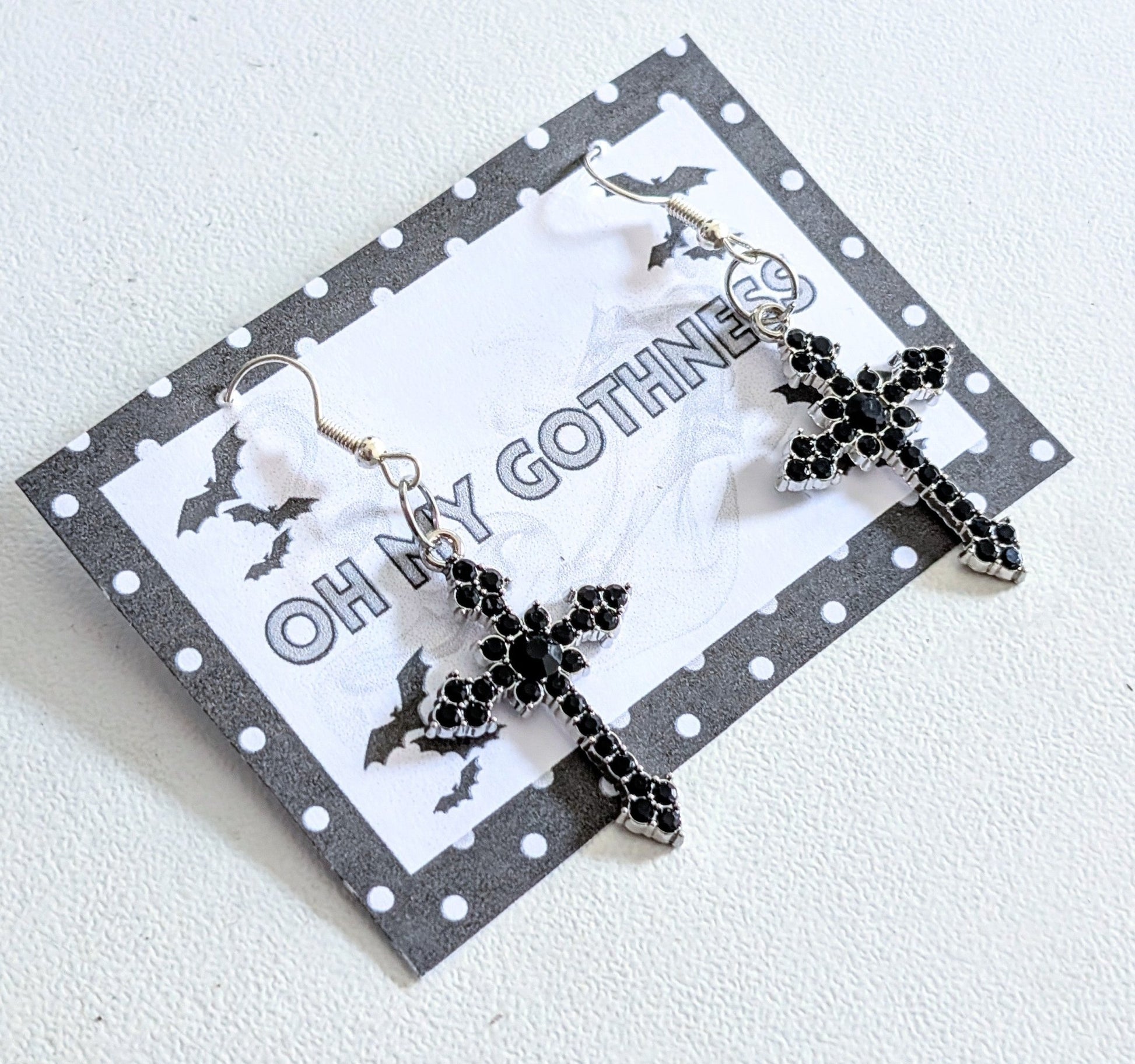 Handmade Black Diamante Cross Crucifix Dangle Drop Earrings. Goth Y2K Gift - Oh My Gothness