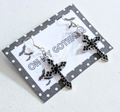 Handmade Black Diamante Cross Crucifix Dangle Drop Earrings. Goth Y2K Gift - Oh My Gothness