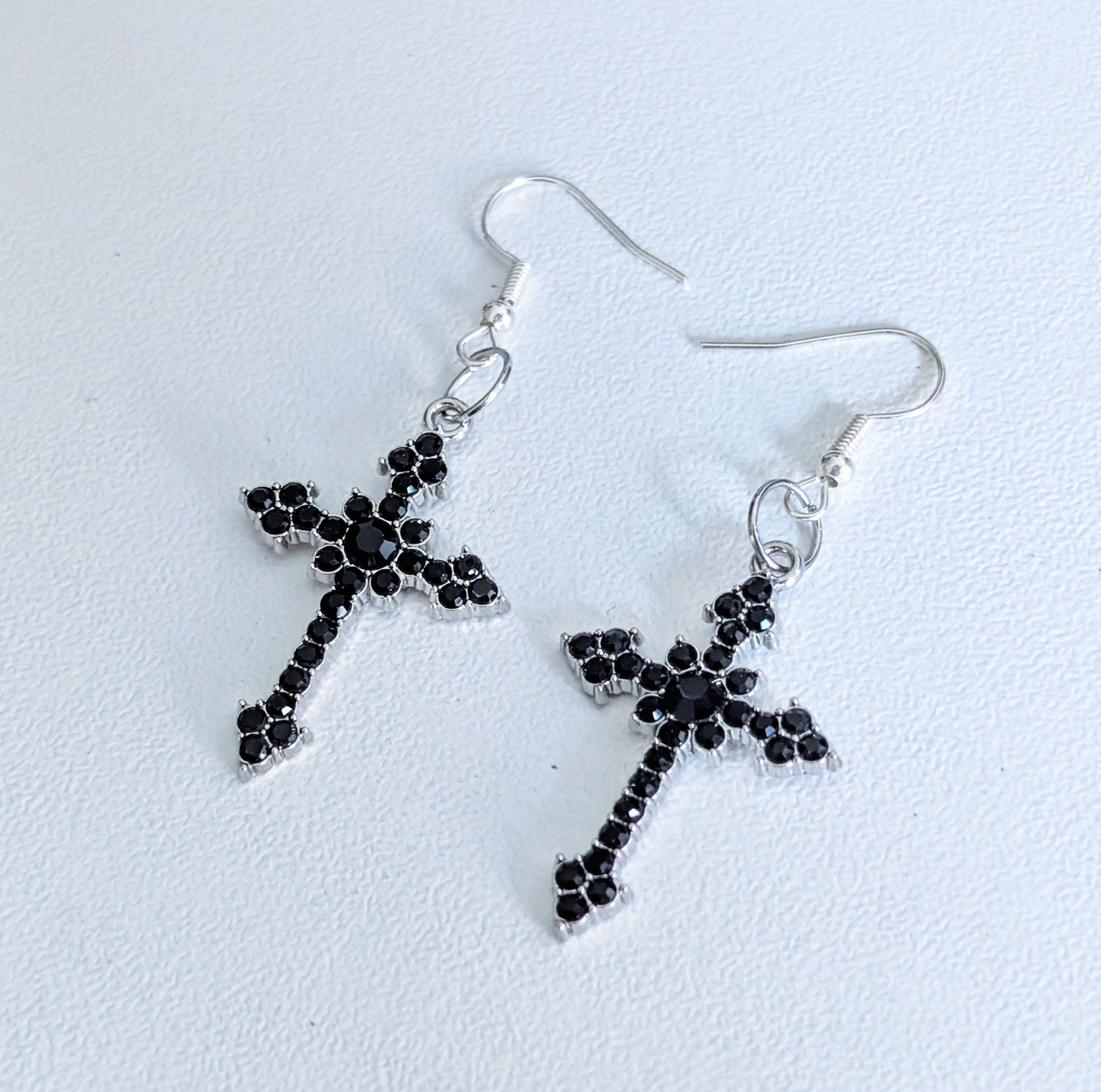 Handmade Black Diamante Cross Crucifix Dangle Drop Earrings. Goth Y2K Gift - Oh My Gothness