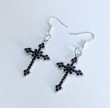 Handmade Black Diamante Cross Crucifix Dangle Drop Earrings. Goth Y2K Gift - Oh My Gothness