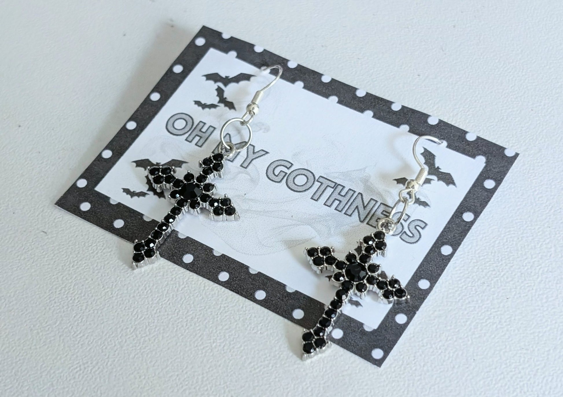 Handmade Black Diamante Cross Crucifix Dangle Drop Earrings. Goth Y2K Gift - Oh My Gothness