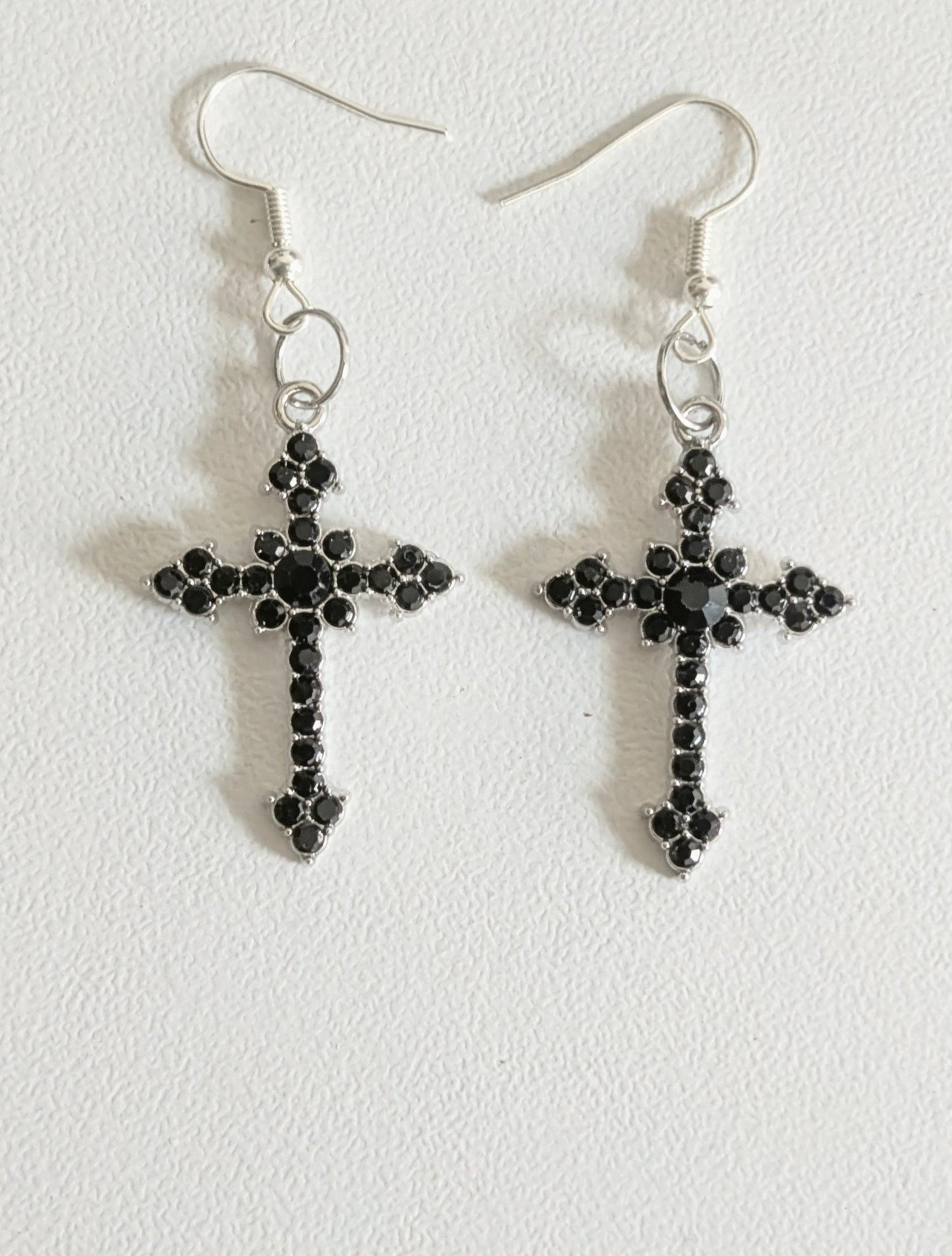 Handmade Black Diamante Cross Crucifix Dangle Drop Earrings. Goth Y2K Gift - Oh My Gothness