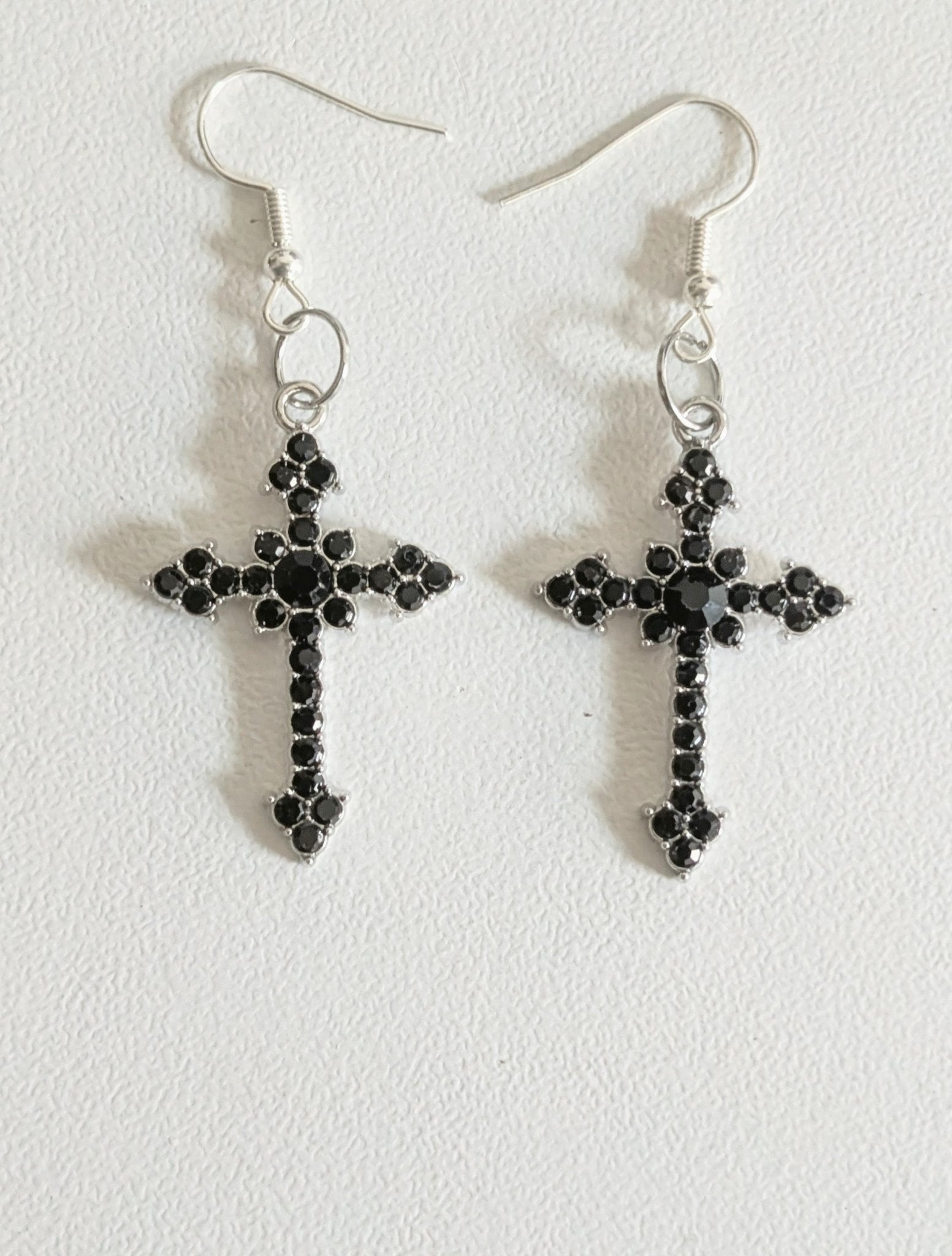 Handmade Black Diamante Cross Crucifix Dangle Drop Earrings. Goth Y2K Gift - Oh My Gothness