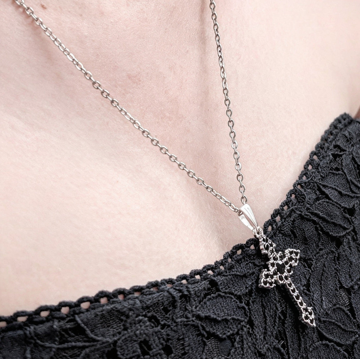 Handmade Black Diamante Crucifix Pendant Necklace / Chain - Oh My Gothness