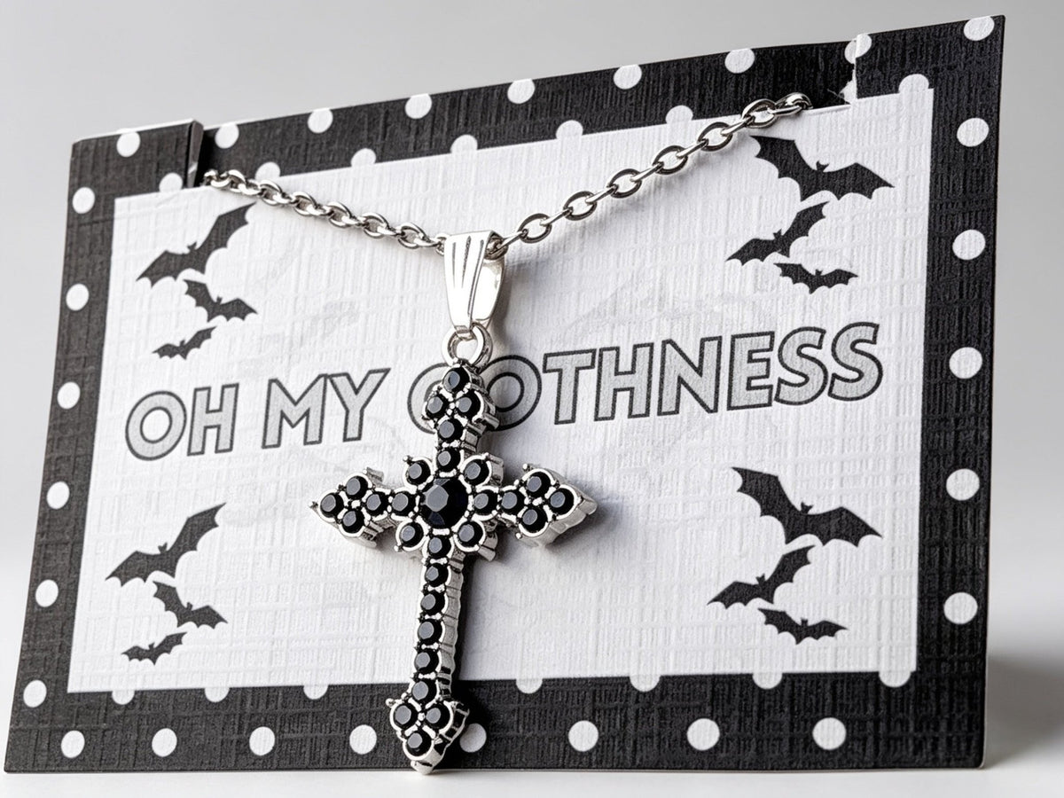 Handmade Black Diamante Crucifix Pendant Necklace / Chain - Oh My Gothness