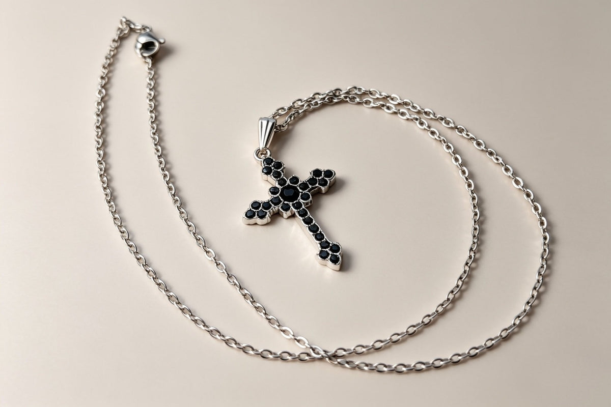 Handmade Black Diamante Crucifix Pendant Necklace / Chain - Oh My Gothness