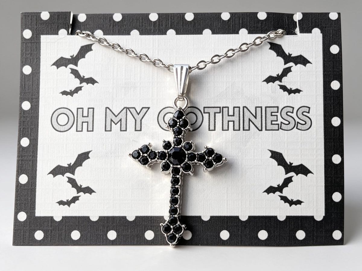 Handmade Black Diamante Crucifix Pendant Necklace / Chain - Oh My Gothness