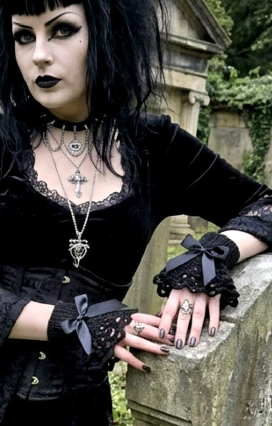 Handmade Black Knitted Lace Wrist Cuffs, Steampunk Goth Victorian W11 - Oh My Gothness