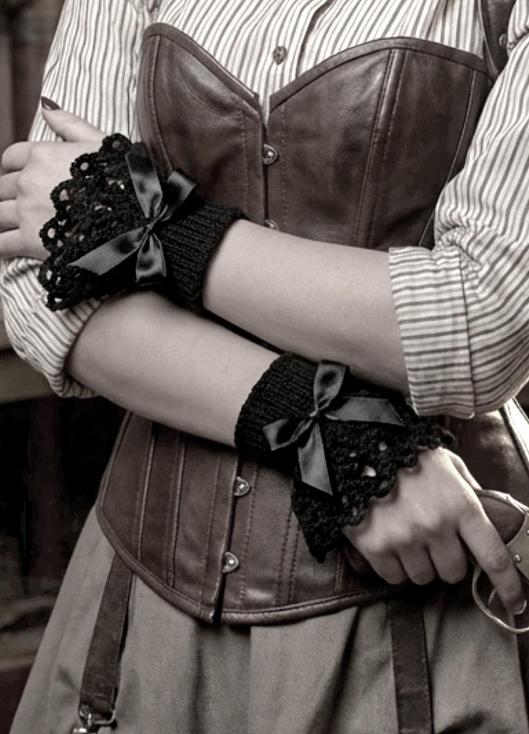 Handmade Black Knitted Lace Wrist Cuffs, Steampunk Goth Victorian W11 - Oh My Gothness