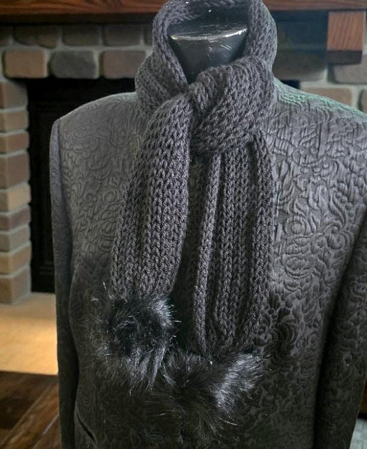 Handmade Black Knitted Scarf with PomPoms, Cosy Winter Style - Oh My Gothness