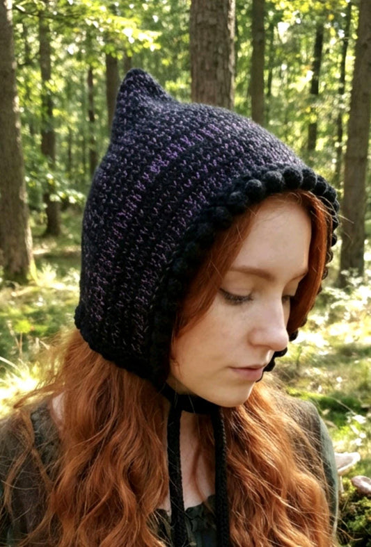 Handmade Black Purple Knitted Pixie Bonnet: Adult Woodland Tie Hat - Oh My Gothness