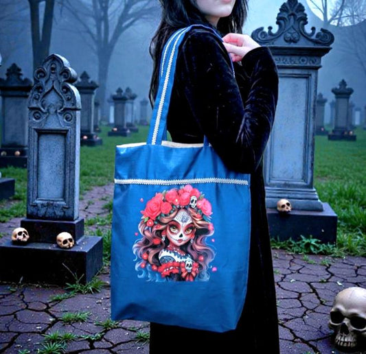 Handmade Blue Large Tote Bag With Skull Design - Fully Lined Shopper Shoulder BA7 - Oh My Gothness