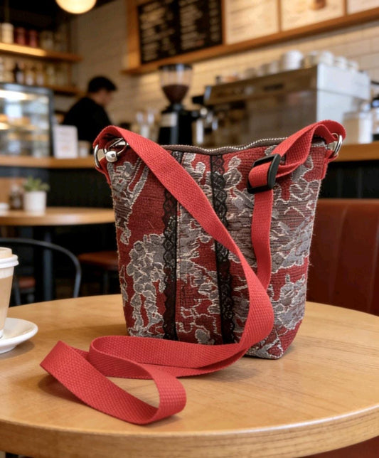 Handmade Burgundy Beige Velvet Crossbody Bag with Black Lace, Goth Festival - Oh My Gothness