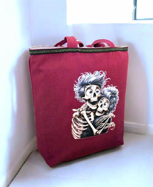 Handmade Burgundy Red Large Tote Bag With Skull Design - Fully Lined Shopper Shoulder BA3 - Oh My Gothness
