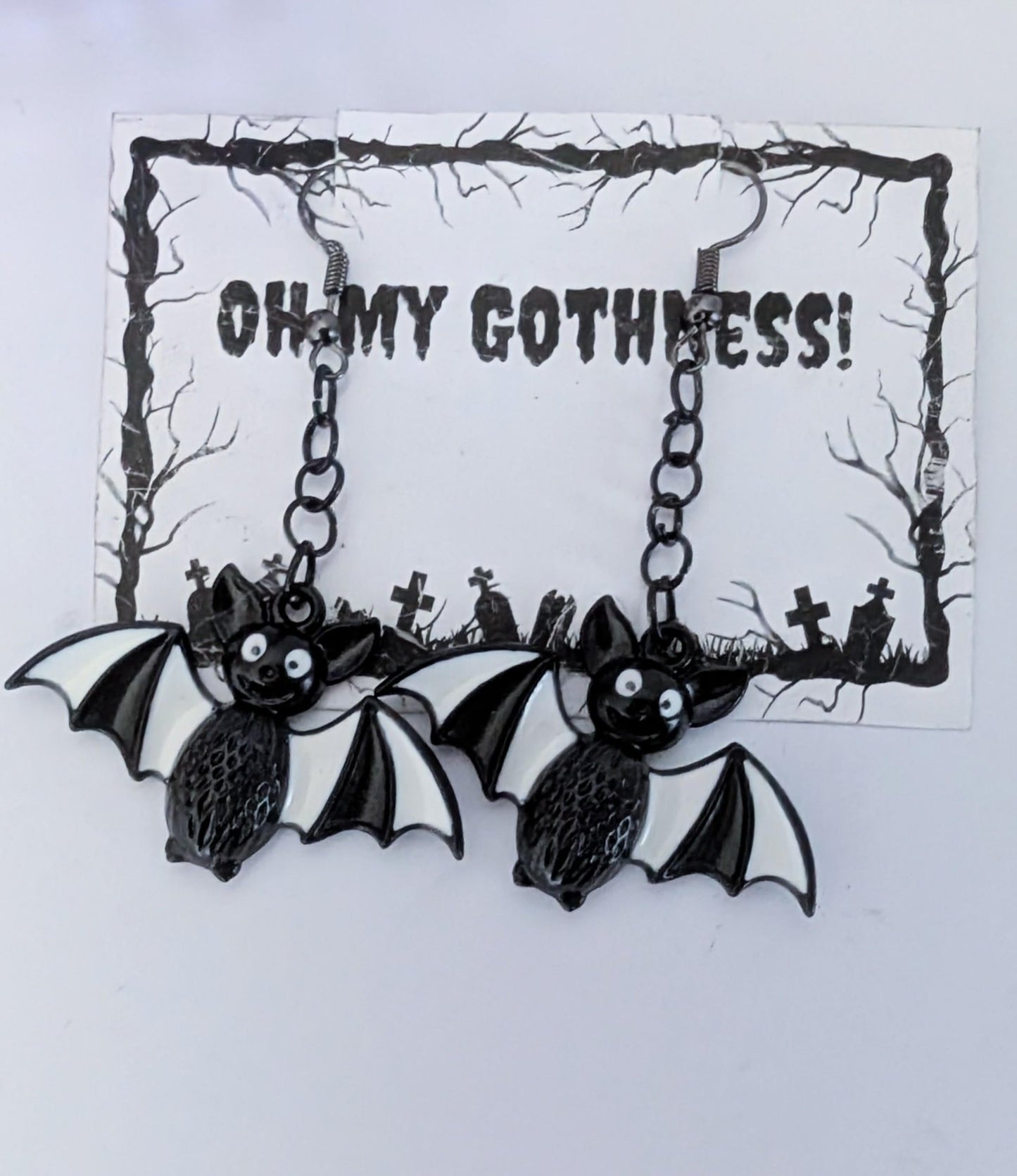 Handmade Cartoon Bat Dangle Earrings, Black & White Halloween Jewelry - Oh My Gothness