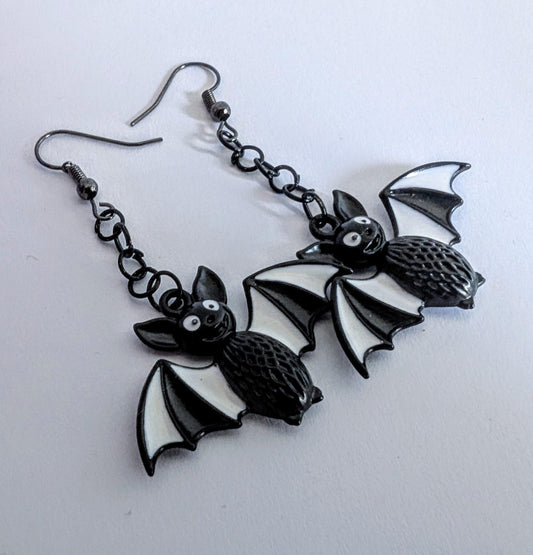 Handmade Cartoon Bat Dangle Earrings, Black & White Halloween Jewelry - Oh My Gothness