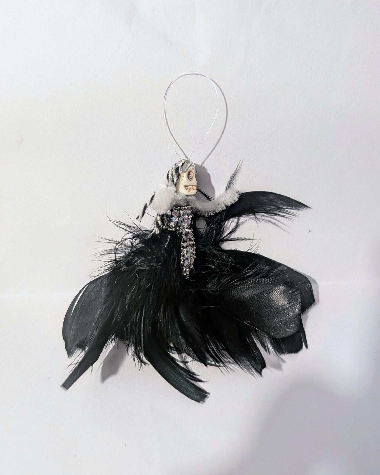 Handmade Creepy Goth Princess Skeleton Christmas decoration. Unique one off design. Skull diamantes black feathers Xmas keepsake gift - Oh My Gothness