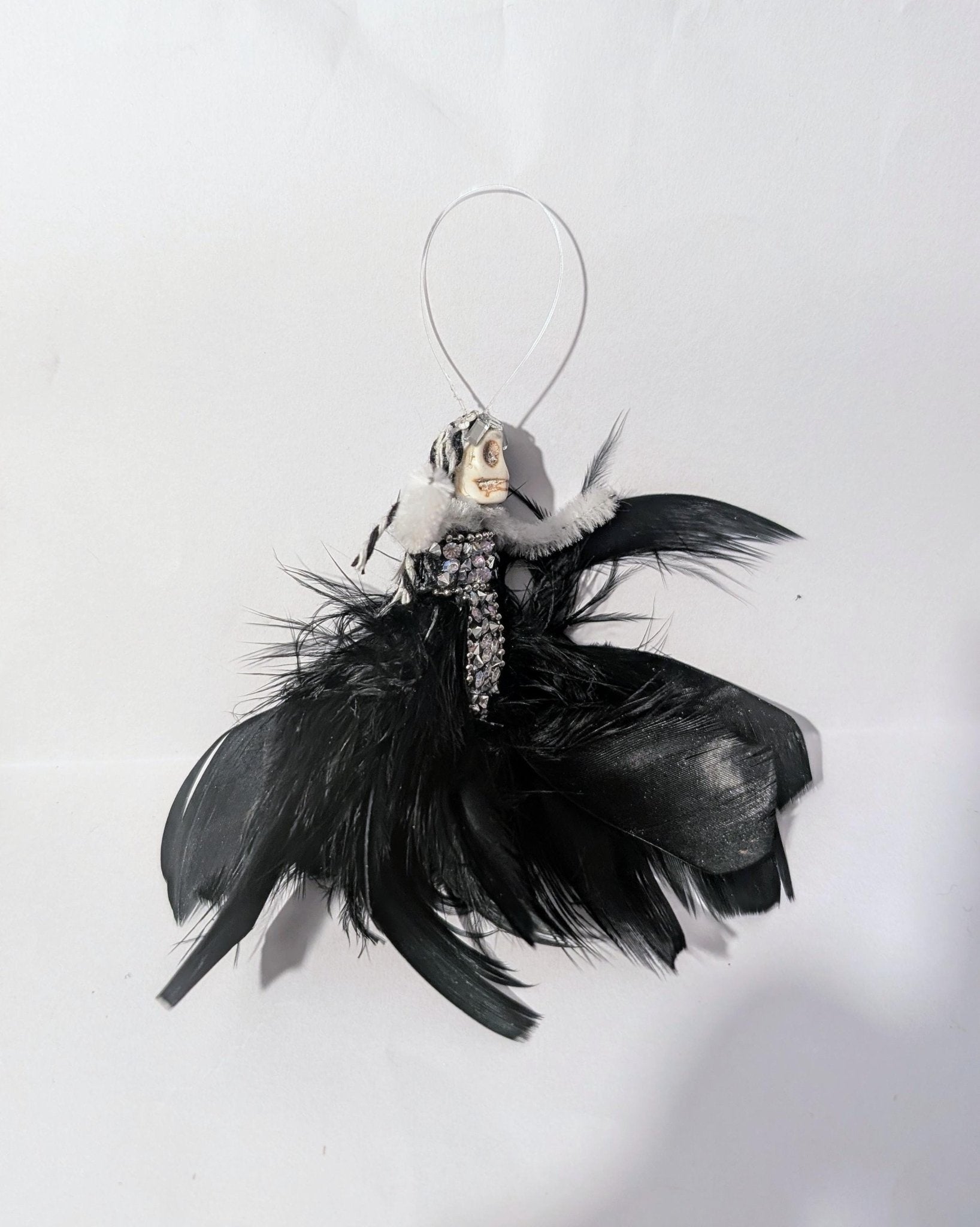 Handmade Creepy Goth Princess Skeleton Christmas decoration. Unique one off design. Skull diamantes black feathers Xmas keepsake gift - Oh My Gothness