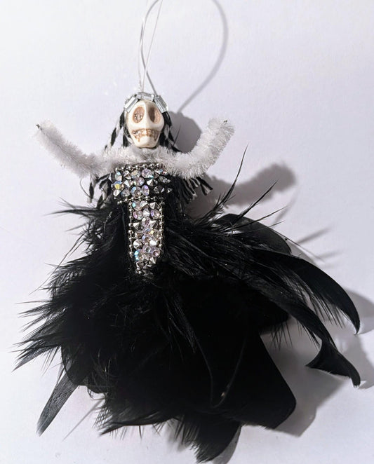 Handmade Creepy Goth Princess Skeleton Christmas decoration. Unique one off design. Skull diamantes black feathers Xmas keepsake gift - Oh My Gothness