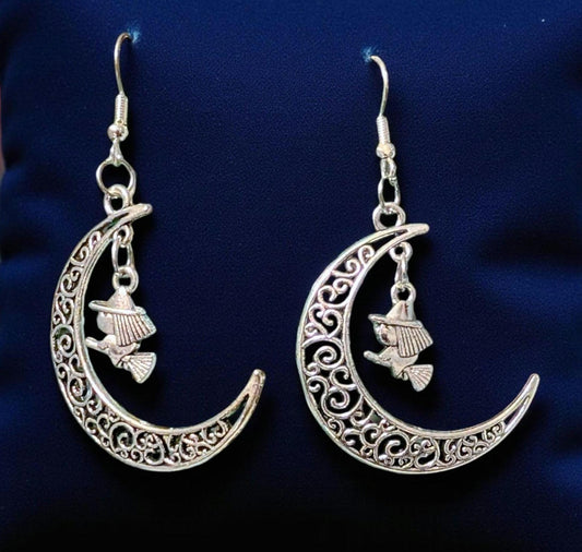 Handmade Crescent Moon Witch Earrings, Silver Tone Halloween Goth Jewelry - Oh My Gothness
