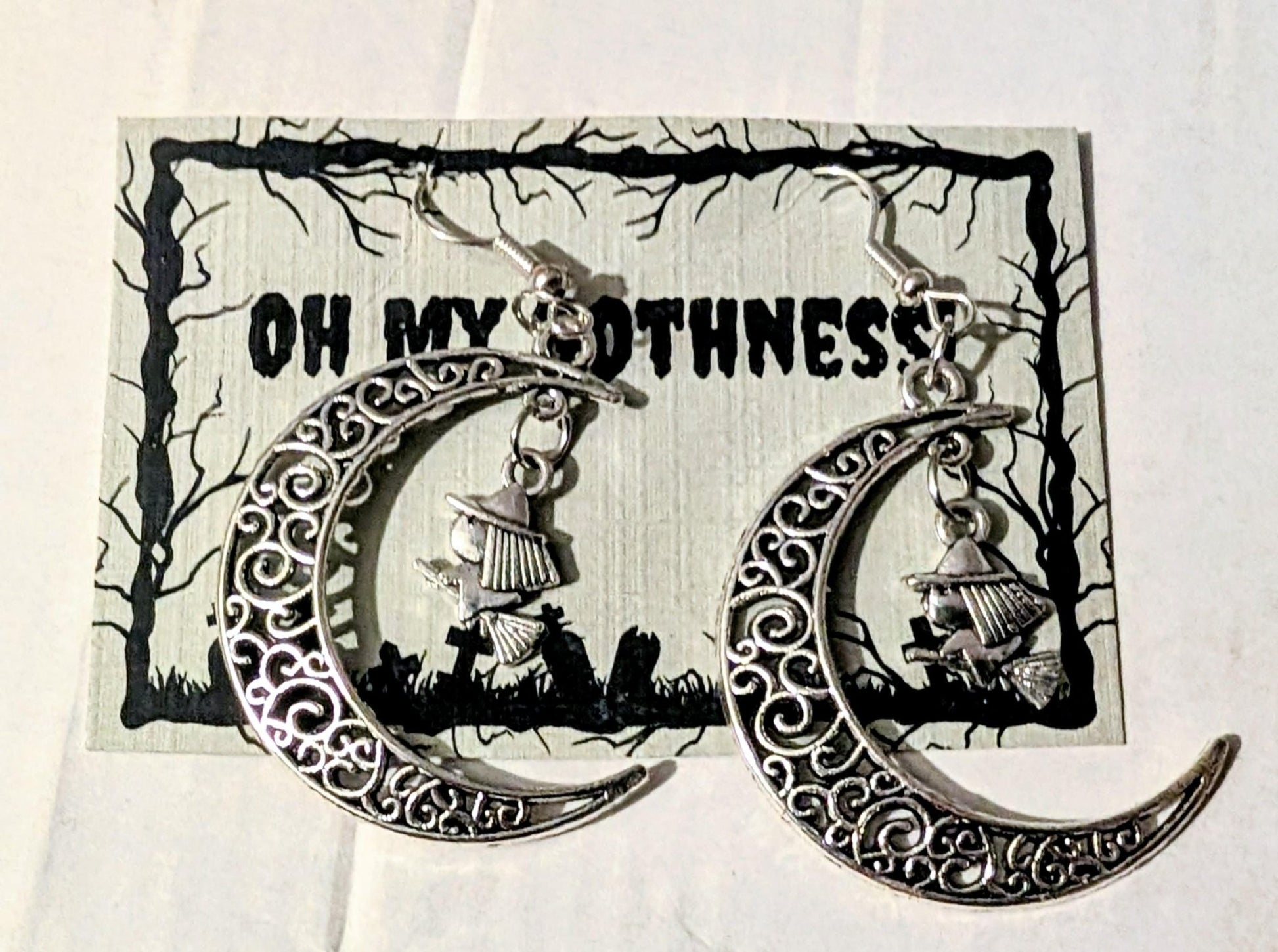Handmade Crescent Moon Witch Earrings, Silver Tone Halloween Goth Jewelry - Oh My Gothness