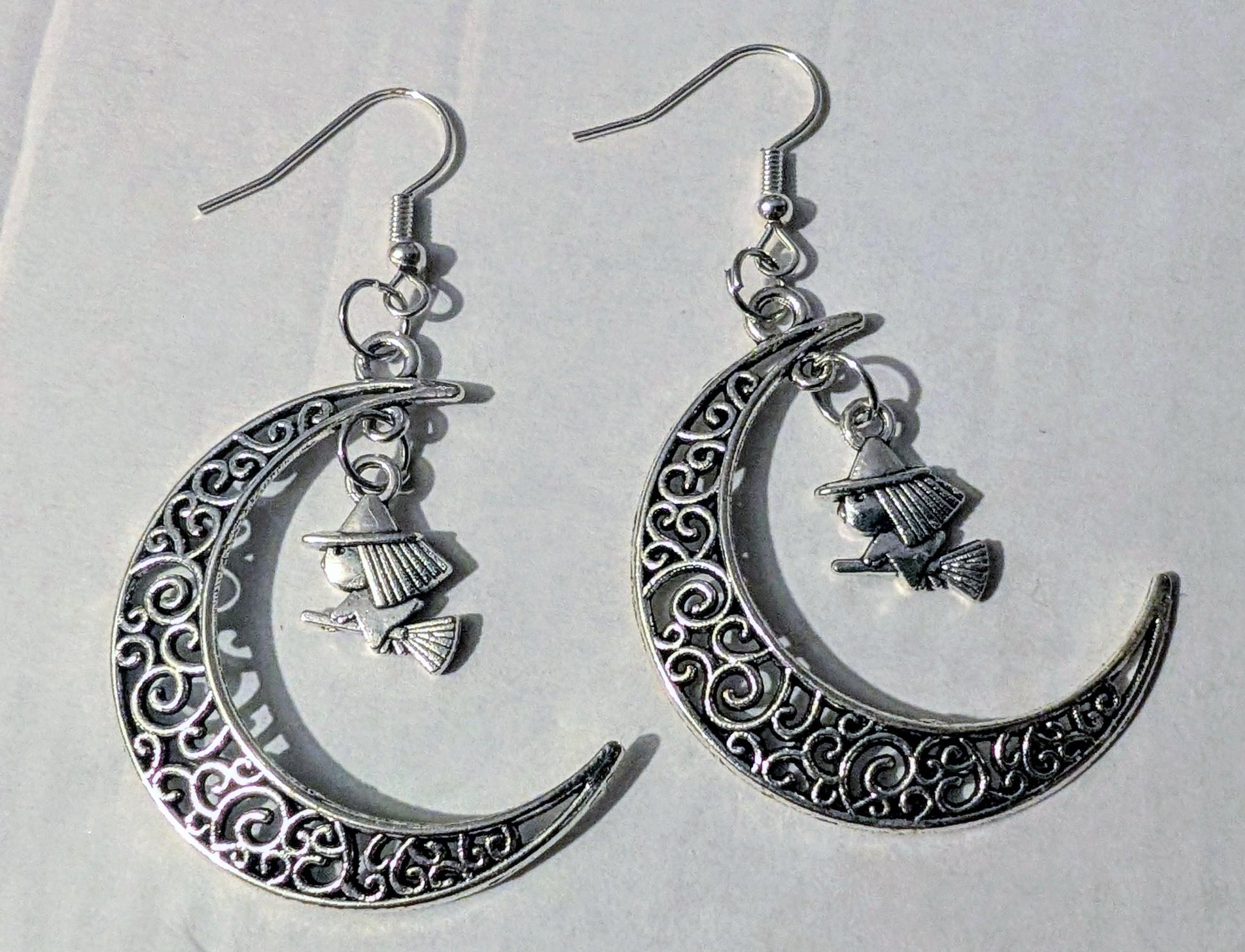 Handmade Crescent Moon Witch Earrings, Silver Tone Halloween Goth Jewelry - Oh My Gothness