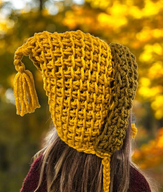 Handmade Crochet Bonnet Woodland Hat Pixie Mustard Yellow Green Adult Emo Goth Whimsy Elf Fairy Forage Winter Gift HT38 - Oh My Gothness