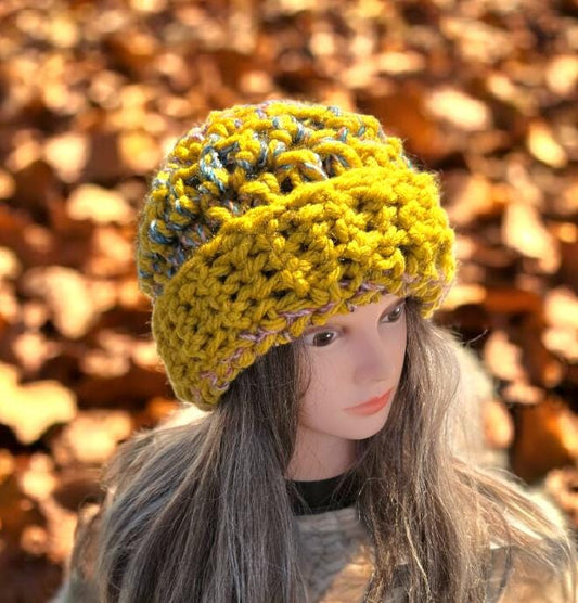 Handmade Crochet Chunky Beanie Hat OOAK Mustard Yellow Fleck Adult Emo Goth Fairy Forage HT57 - Oh My Gothness