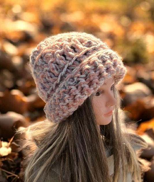 Handmade Crochet Chunky Beanie Hat OOAK Pink Grey White Adult Emo Goth Fairy Forage HT56 - Oh My Gothness