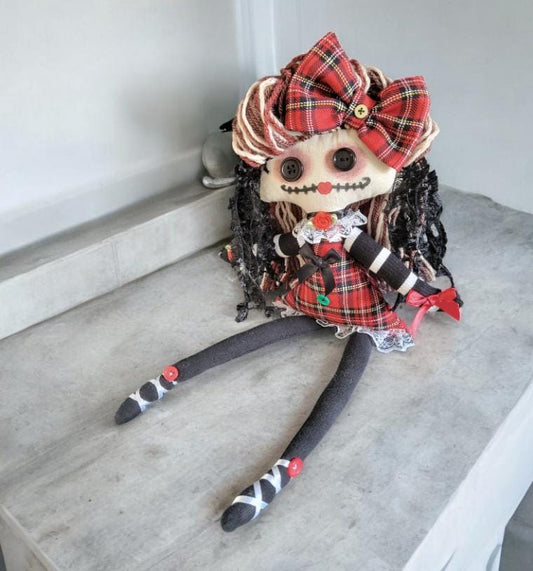 Handmade Gothic Art Doll 16" OOAK Weird Ragdoll Fantasy Creepy Button Eyes Red Green Tartan Plaid Black Collectable Freaky Gift Spooky AD11 - Oh My Gothness