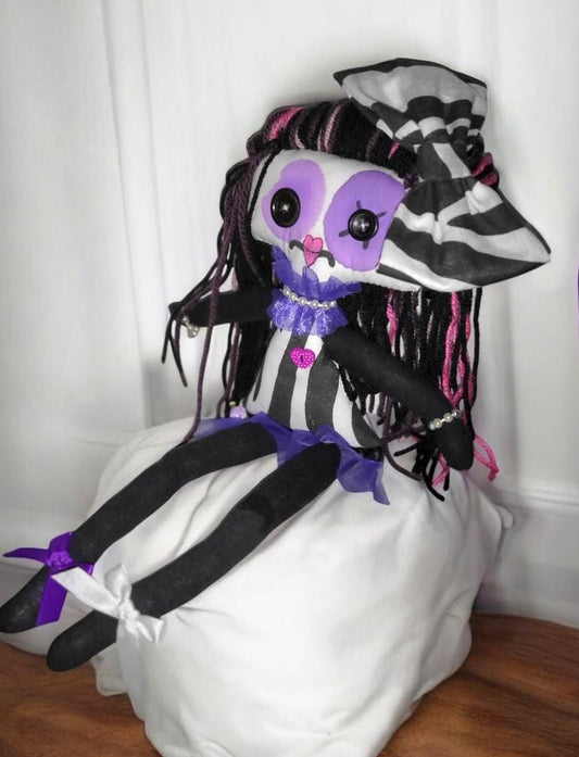 Handmade Gothic Art Doll 17" OOAK Weird Ragdoll Fantasy Creepy Button Eyes Black White Zebra & Purple Collectable Freaky Gift Spooky AD12 - Oh My Gothness