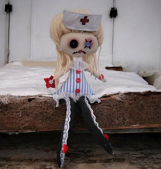Handmade Gothic Art Doll Creepy Nurse 16" OOAK Weird Ragdoll Fantasy Button Eyes Blue White Red Collectable Freaky Gift Spooky AD13 - Oh My Gothness