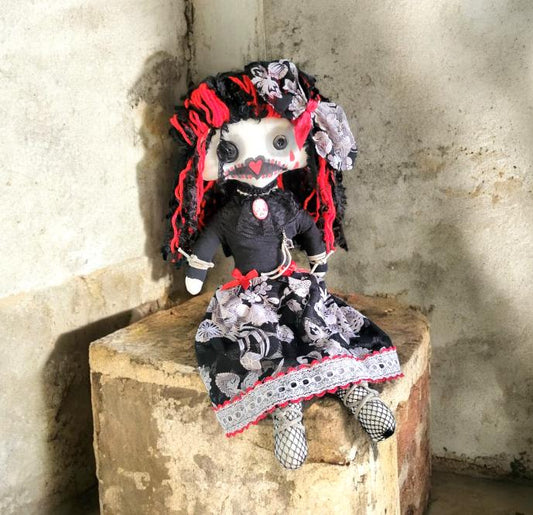 Handmade Gothic Art Doll Scary 19" OOAK Weird Ragdoll Fantasy Creepy Button Eyes Collectable Freaky Gift Spooky Black Red AD17 - Oh My Gothness
