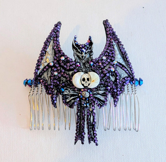 Handmade Gothic Bat Hair Comb, Moon, Skull, Iridescent Gems - Oh My Gothness