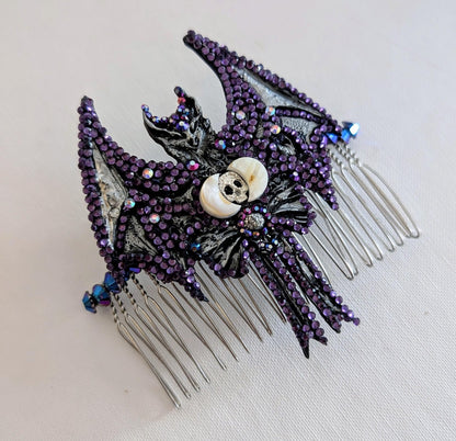 Handmade Gothic Bat Hair Comb, Moon, Skull, Iridescent Gems - Oh My Gothness