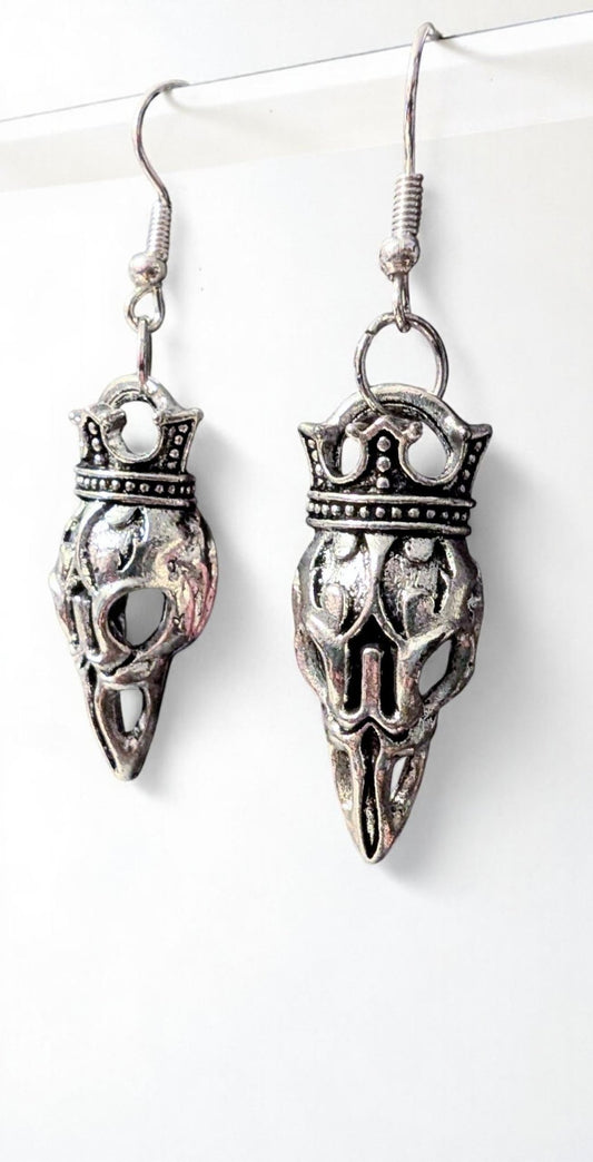 Handmade Gothic Crowned Crow Skull Dangle Earrings, Silver Tone - Oh My Gothness