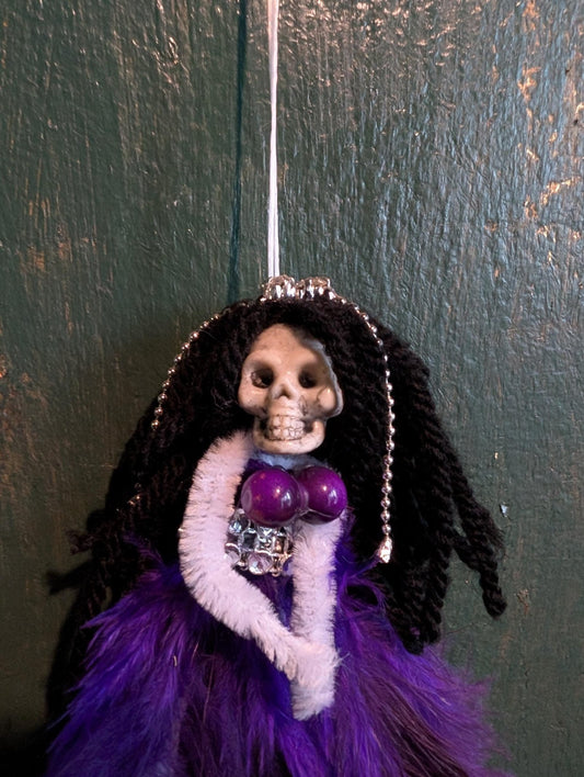 Handmade Gothic Skull Christmas Ornament - Purple Feather Creepy Doll - Oh My Gothness