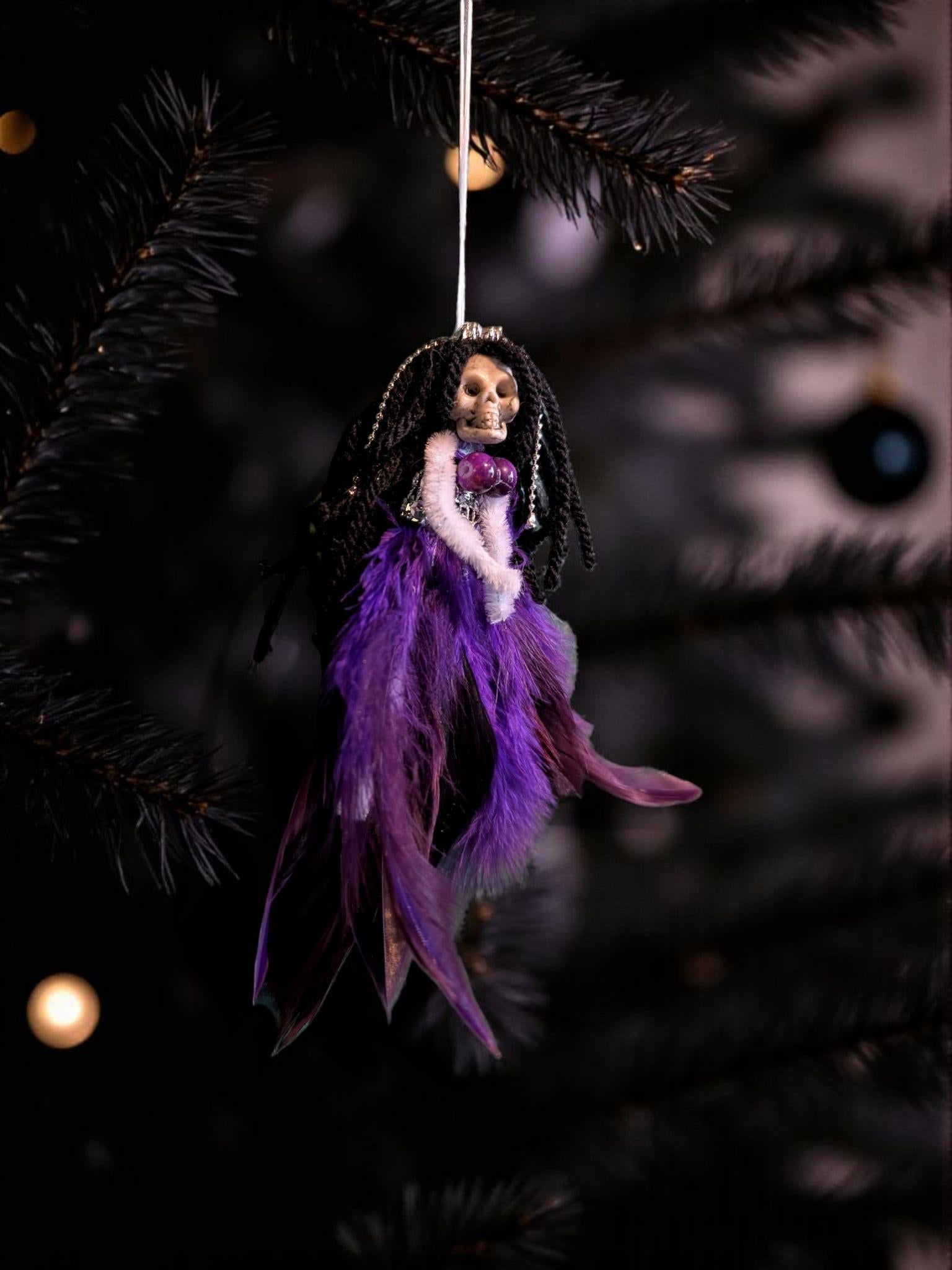 Handmade Gothic Skull Christmas Ornament - Purple Feather Creepy Doll - Oh My Gothness
