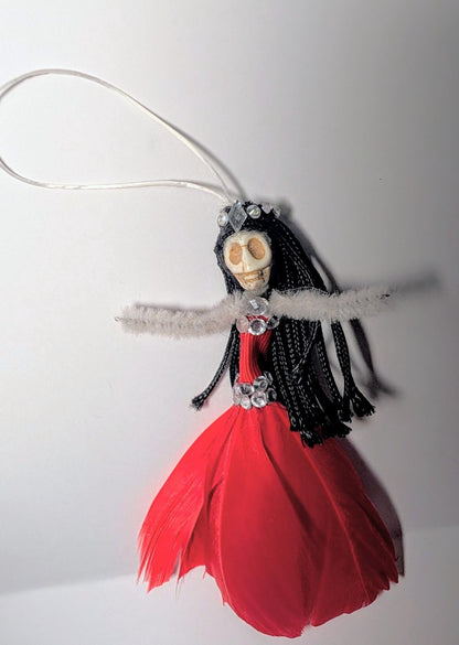 Handmade Gothic Skull Fairy Christmas Ornament, Red Feather Decor - Oh My Gothness