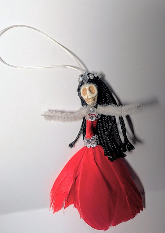 Handmade Gothic Skull Fairy Christmas Ornament, Red Feather Decor - Oh My Gothness