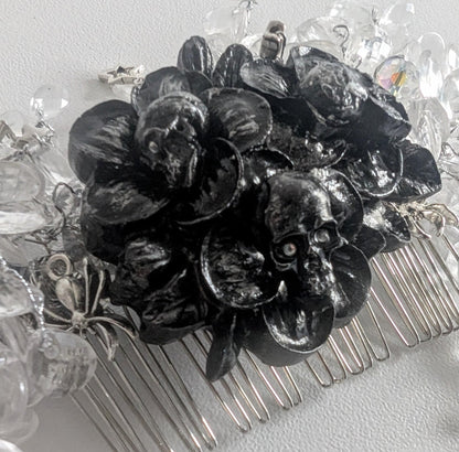 Handmade Gothic Skull Flower Hair Comb, Clear Crystals, Spider Accessory - Oh My Gothness